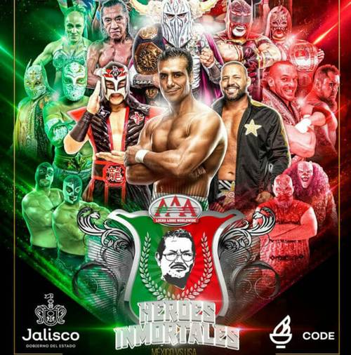 Superluchas - Un cartel del evento de lucha libre Héroes Inmortales 2023 en México.