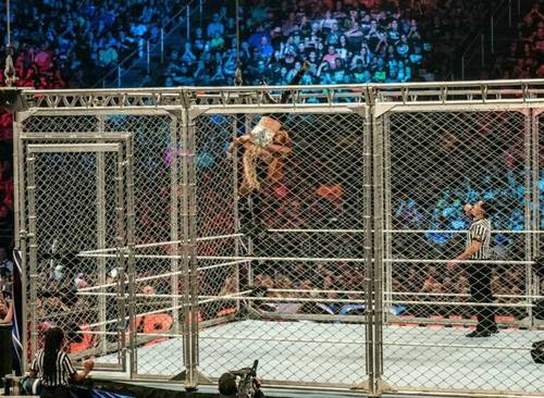 Luchadores de la WWE en una jaula con una mujer detrás de ellos.