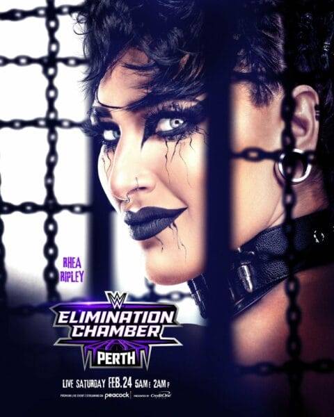 Superluchas - Un afiche oficial de la Cámara de Eliminación de la WWE que muestra a una mujer en una jaula.