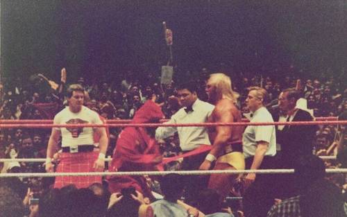 Hulk Hogan, Mr. T, Paul Orndorff, Roddy Piper, André the Giant, Muhammad Ali en WrestleMania 1