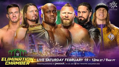 Austin Theory, AJ Styles, Bobby Lashley, Brock Lesnar, Seth Rollins y Riddle en imagen promocional de Elimination Chamber 2022 - WWE