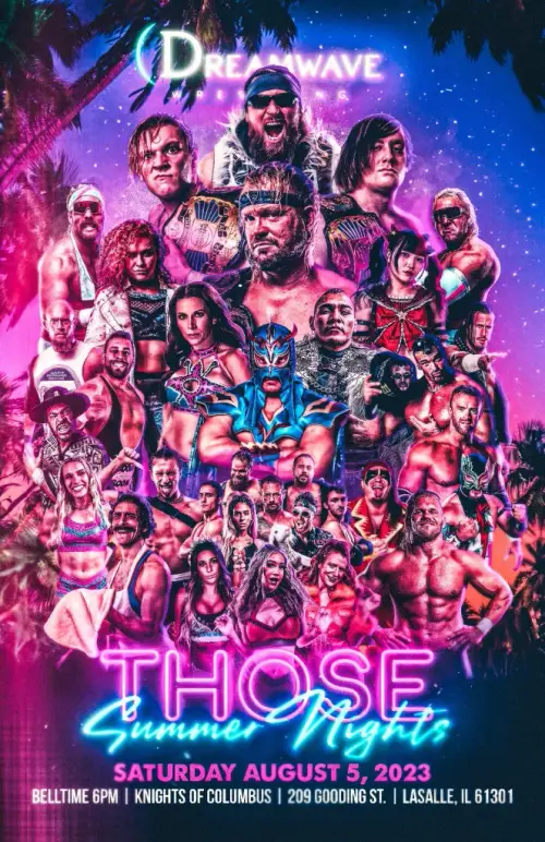 Un póster para un evento de lucha con Dreamwave Wrestling el 5 de agosto de 2023.