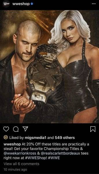 Karrion Kross, junto a Scarlett, portando el Campeonato NXT - Instagram de WWE Shop