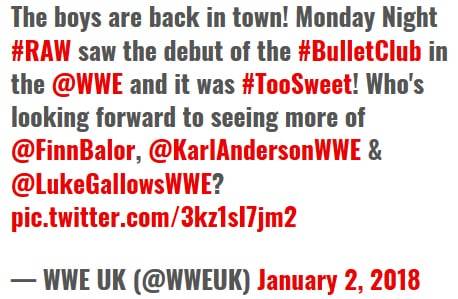 confunde al Bálor Club con el Bulelt Club de NJPW (02/01/2018) / Twitter.com/WWEUK