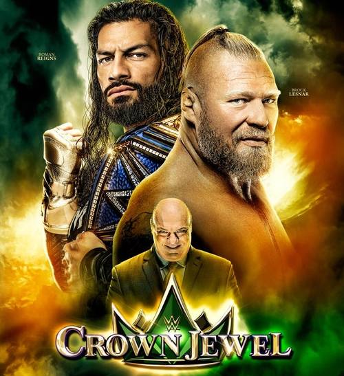 Póster oficial de WWE Crown Jewel 2021 con Roman Reigns, Brock Lesnar y Paul Heyman / WWE