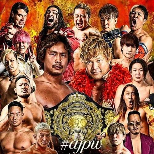 Superluchas - Luchadores de la AJPW posando para un cartel, con Tatsumi Fujinami y Charlie Dempsey.