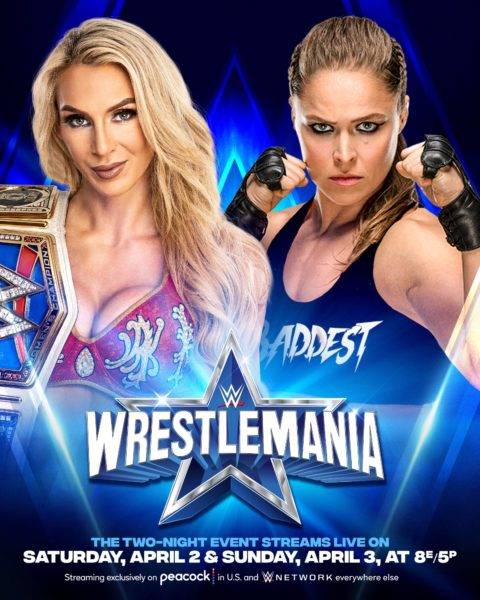 Imagen promocional del Charlotte Flair vs. Ronda Rousey de WrestleMania 38 - WWE