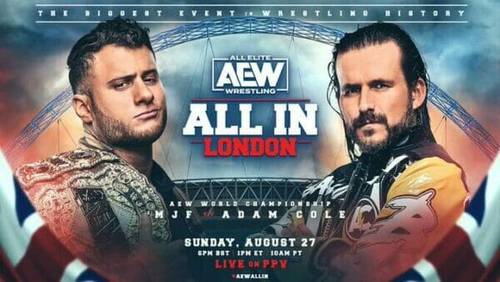 Un póster para el evento AEW All In en Londres con dos luchadores.