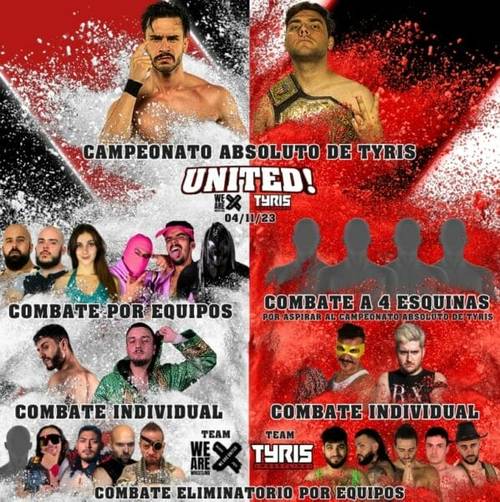 Superluchas - Un cartel del evento de lucha libre Resultados WAWxTyris: United!, presentando a un grupo de luchadores.