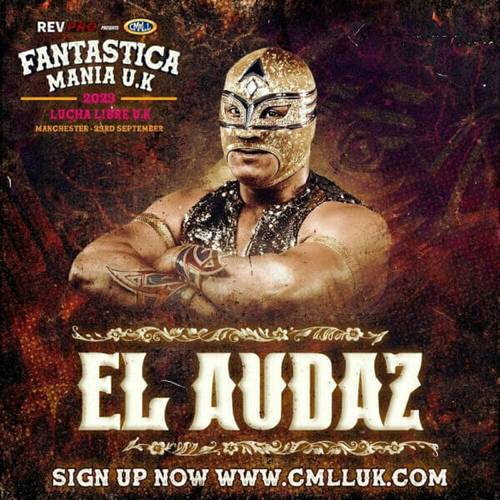 Un cartel de Fantasticamanía UK con cuatro nuevos luchadores anunciados por CMLL.