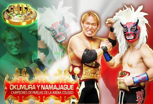 La Fiebre Amarilla (Okumura y Namajague), Campeones de Parejas de la Arena Coliseo / Wallpaper del CMLL - www.cmll.com