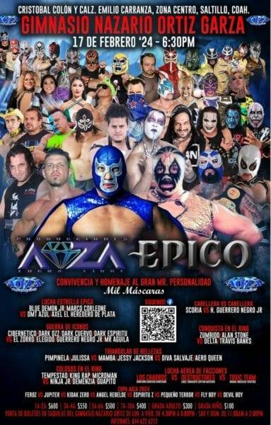 Superluchas - Un cartel de un evento de lucha libre protagonizado por AOZA y Epico, con choques electrizantes de muchos luchadores.