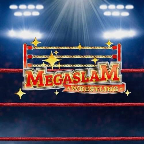 Superluchas - Logotipo de lucha libre Megaslam con luces de fondo, que muestra la atmósfera electrizante del evento.