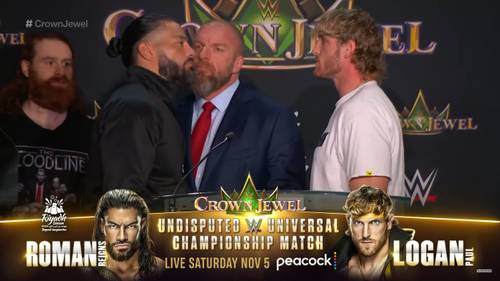 Sami Zayn Roman Reigns Triple H Logan Paul Crown Jewel 2022 WWE