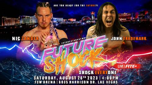 Un cartel de Future Shock con luchadores en Resultados Future Stars of Wrestling el 26 de agosto de 2023.