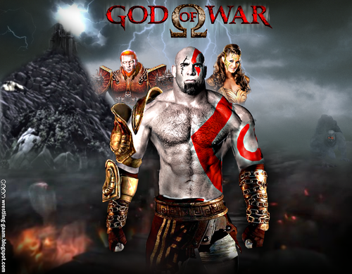 Goldberg, Triple H y Eve Torres como personajes del videojuego “God of War” / wrestlinggaam100