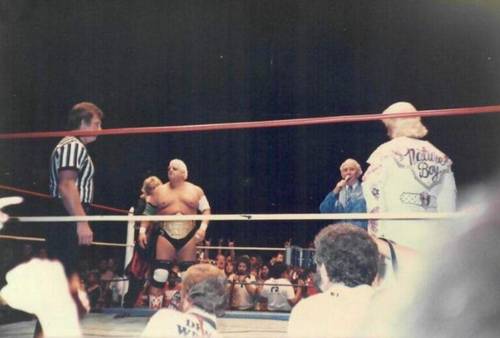 Superluchas - Hulk Hogan y Dusty Rhodes, dos luchadores icónicos, compiten entre sí en un ring con un árbitro.