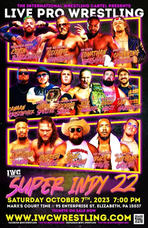 Superluchas - Un póster del evento de lucha libre profesional en vivo con Super Indy 22 en Resultados International Wrestling Cartel el 7 de octubre de 2023.