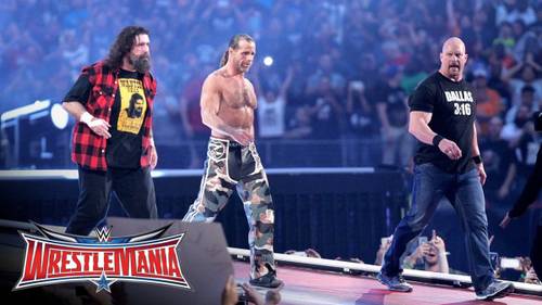 Mick Foley, Shawn Michaels y Stone Cold en WrestleMania 32 / youtube.com - wwe.com