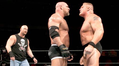 Brock Lesnar y Goldberg en WrestleMania 20 con Steve Austin como referi especial