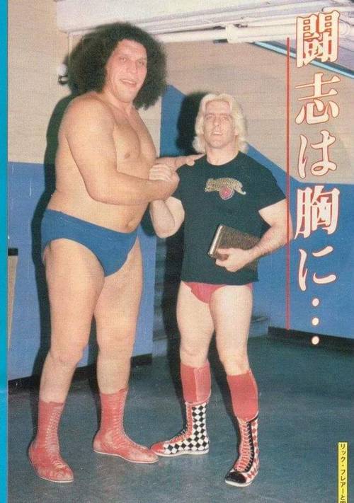 Superluchas - Dos luchadores, Ric Flair y André El Gigante, apareciendo en una revista japonesa.