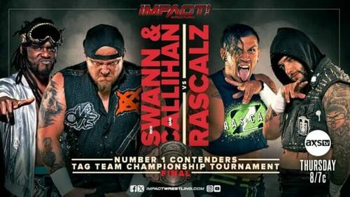 Un cartel para el Previo IMPACT! Torneo de campeonato de parejas de lucha libre con Swann, Callihan y The Rascalz.