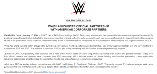 Superluchas - WWE anuncia asociación con American Corporate Partners (ACP). Esta colaboración marca un paso significativo para WWE en el fortalecimiento de su conexión con profesionales y veteranos de negocios, promoviendo oportunidades de crecimiento mutuamente beneficiosas. Mont, superestrella notable de la WWE